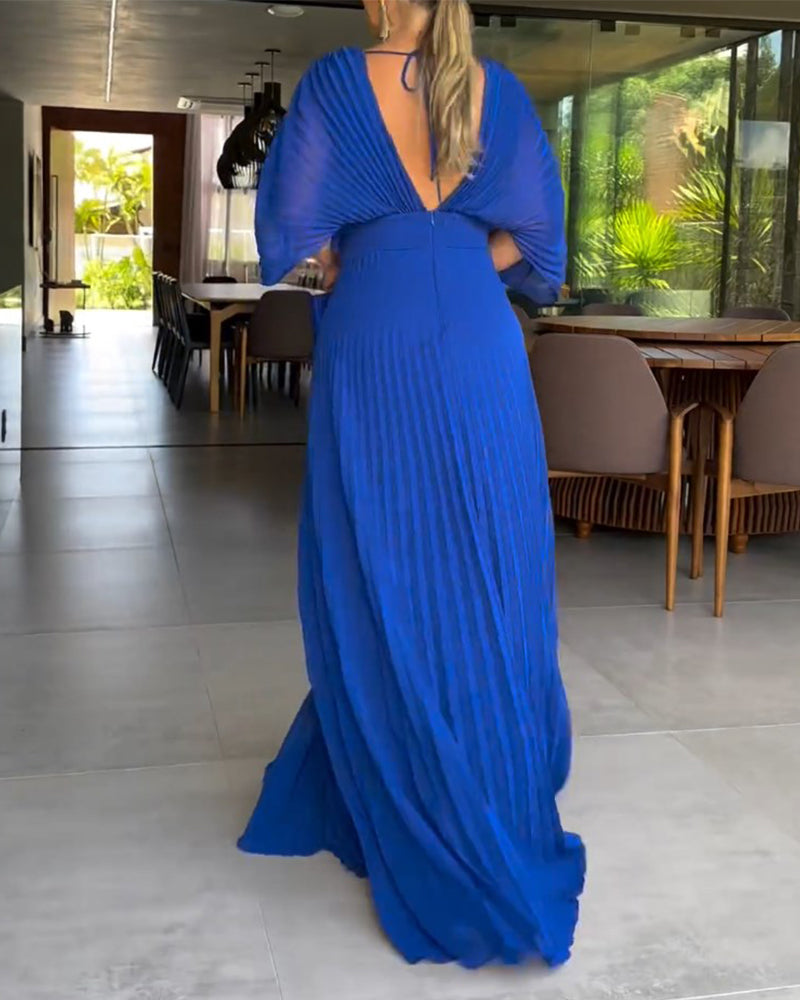 💃 Einfarbiges Maxikleid mit V-Ausschnitt und halben Rüschenärmeln💚😍