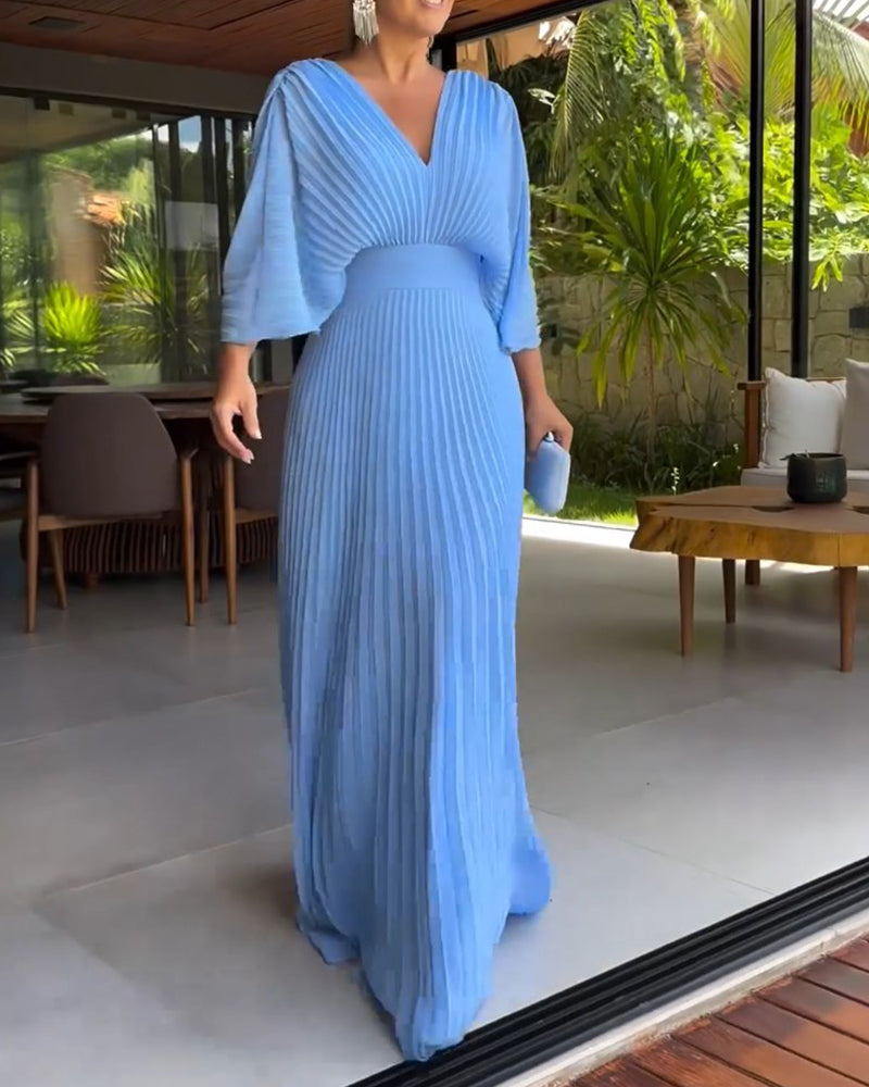 💃 Einfarbiges Maxikleid mit V-Ausschnitt und halben Rüschenärmeln💚😍