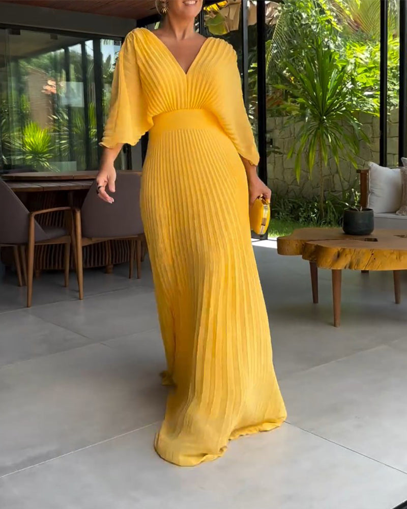 💃 Einfarbiges Maxikleid mit V-Ausschnitt und halben Rüschenärmeln💚😍