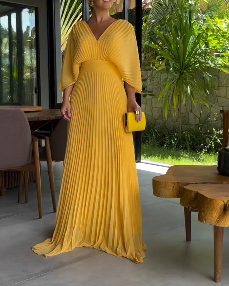 💃 Einfarbiges Maxikleid mit V-Ausschnitt und halben Rüschenärmeln💚😍
