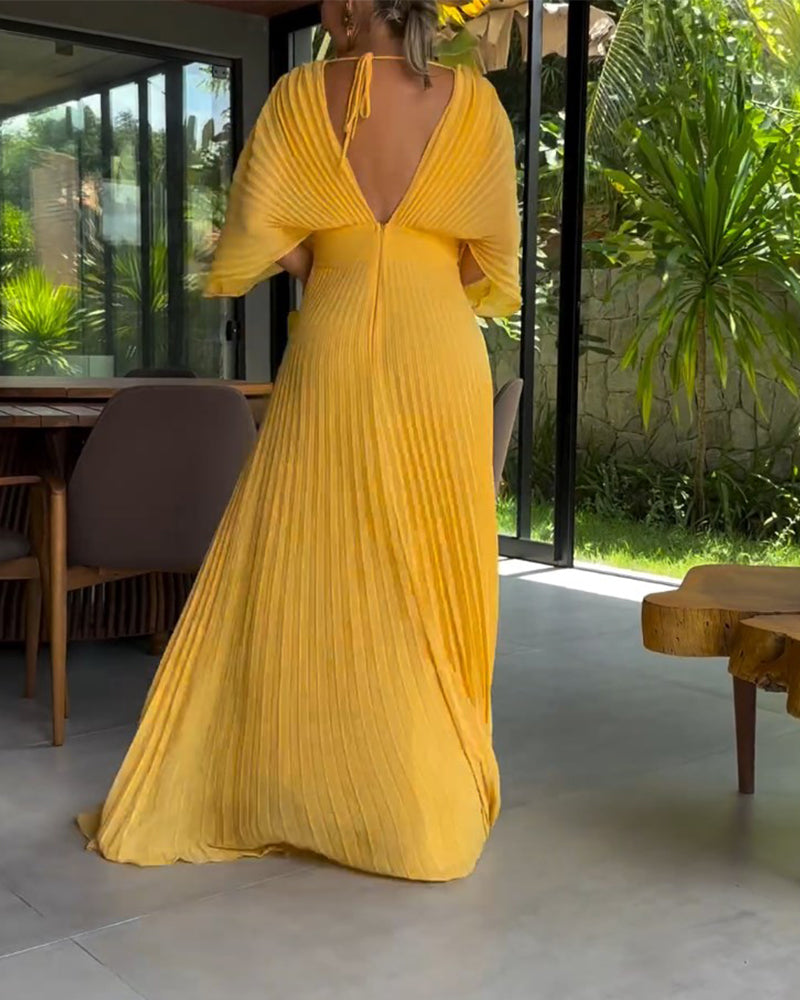 💃 Einfarbiges Maxikleid mit V-Ausschnitt und halben Rüschenärmeln💚😍