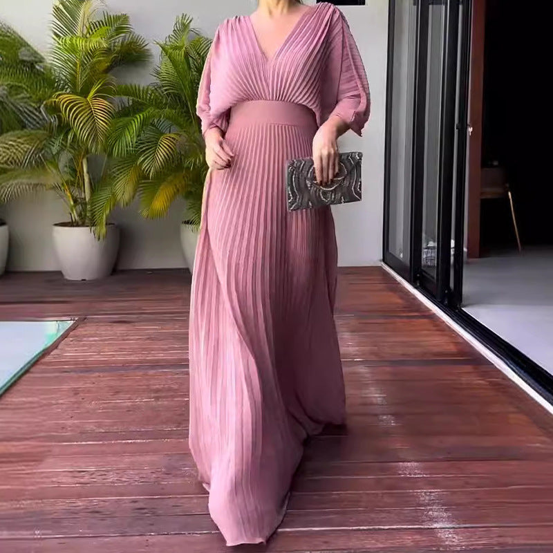 💃 Einfarbiges Maxikleid mit V-Ausschnitt und halben Rüschenärmeln💚😍