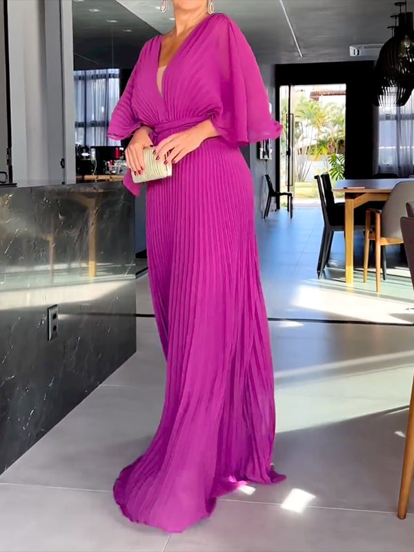 💃 Einfarbiges Maxikleid mit V-Ausschnitt und halben Rüschenärmeln💚😍