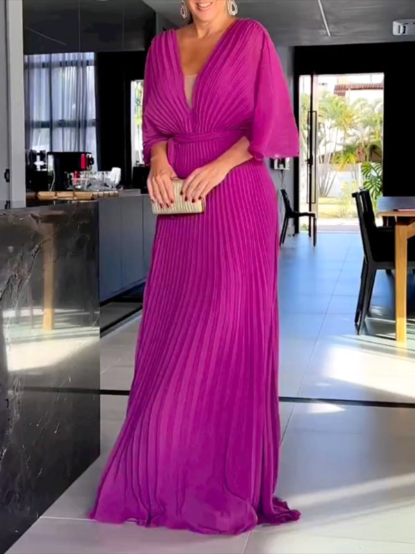 💃 Einfarbiges Maxikleid mit V-Ausschnitt und halben Rüschenärmeln💚😍