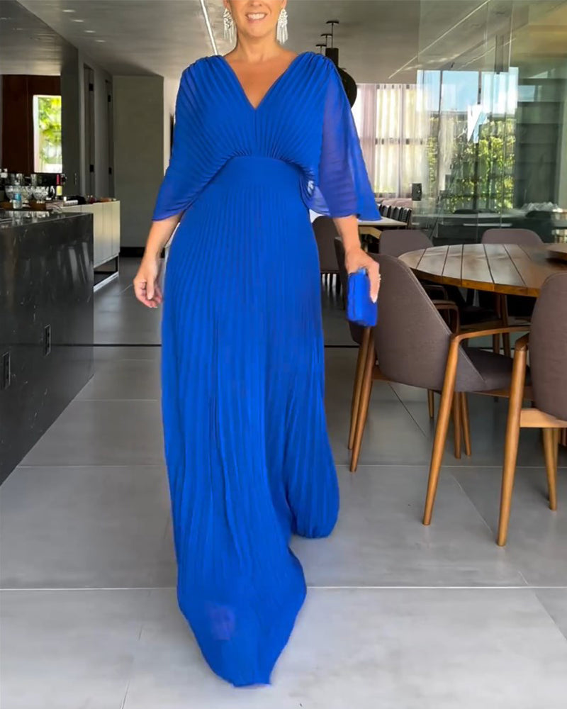 💃 Einfarbiges Maxikleid mit V-Ausschnitt und halben Rüschenärmeln💚😍