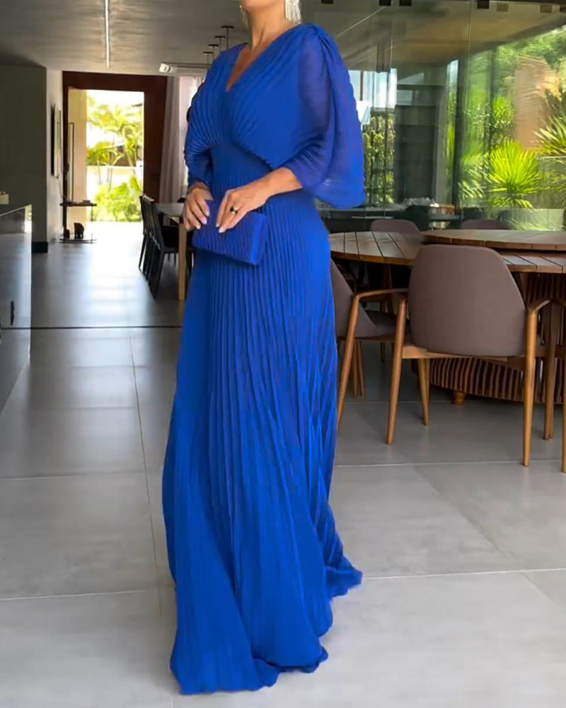 💃 Einfarbiges Maxikleid mit V-Ausschnitt und halben Rüschenärmeln💚😍