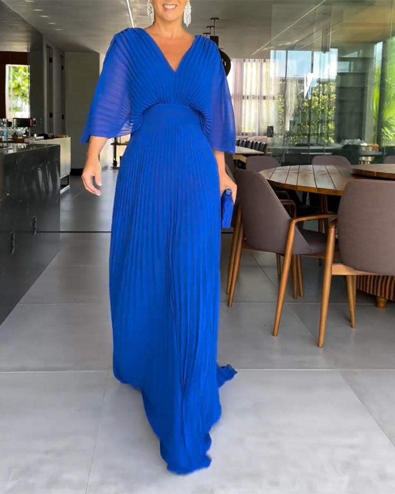 💃 Einfarbiges Maxikleid mit V-Ausschnitt und halben Rüschenärmeln💚😍