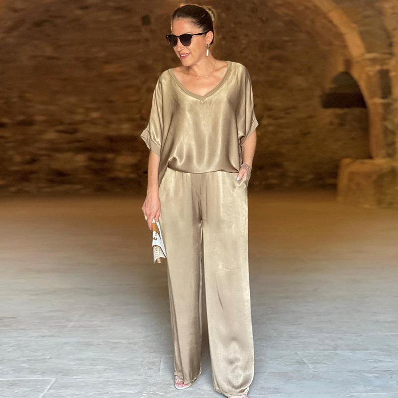 đLetzter Tag 50% Rabatt â Elegantes GlĂ€nzendes zweiteiliges Set mit V-Ausschnitt in ĂbergröĂe