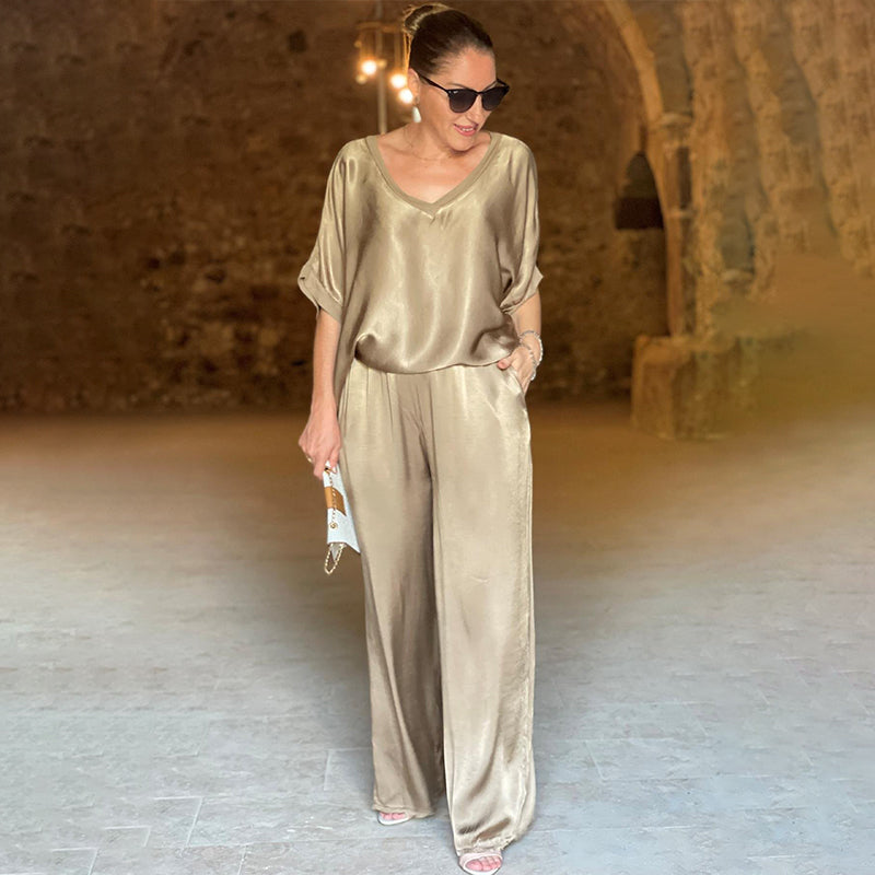 đLetzter Tag 50% Rabatt â Elegantes GlĂ€nzendes zweiteiliges Set mit V-Ausschnitt in ĂbergröĂe