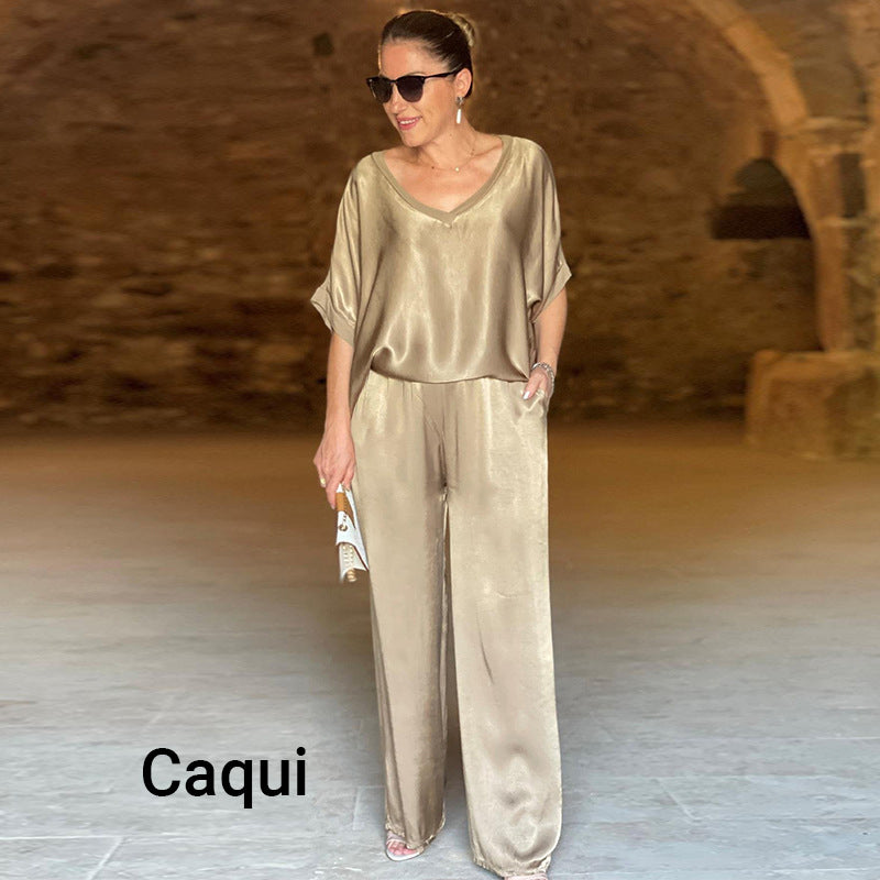đLetzter Tag 50% Rabatt â Elegantes GlĂ€nzendes zweiteiliges Set mit V-Ausschnitt in ĂbergröĂe