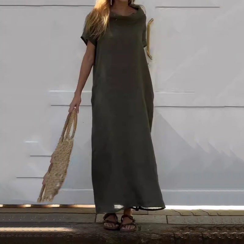 Damen-Freizeitkleid aus Baumwolle und Leinen mit Wasserfallausschnitt
