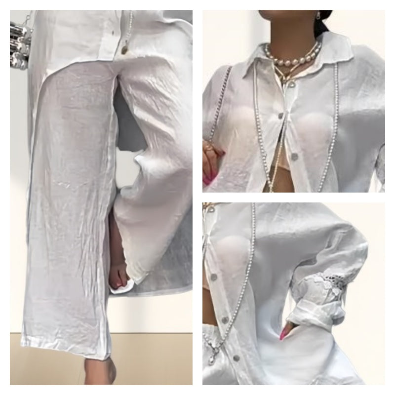 🔥Sommerschlussverkauf🔥Trendiges einfarbiges zweiteiliges Outfit mit langärmeligem Hemd und Hose für Frauen