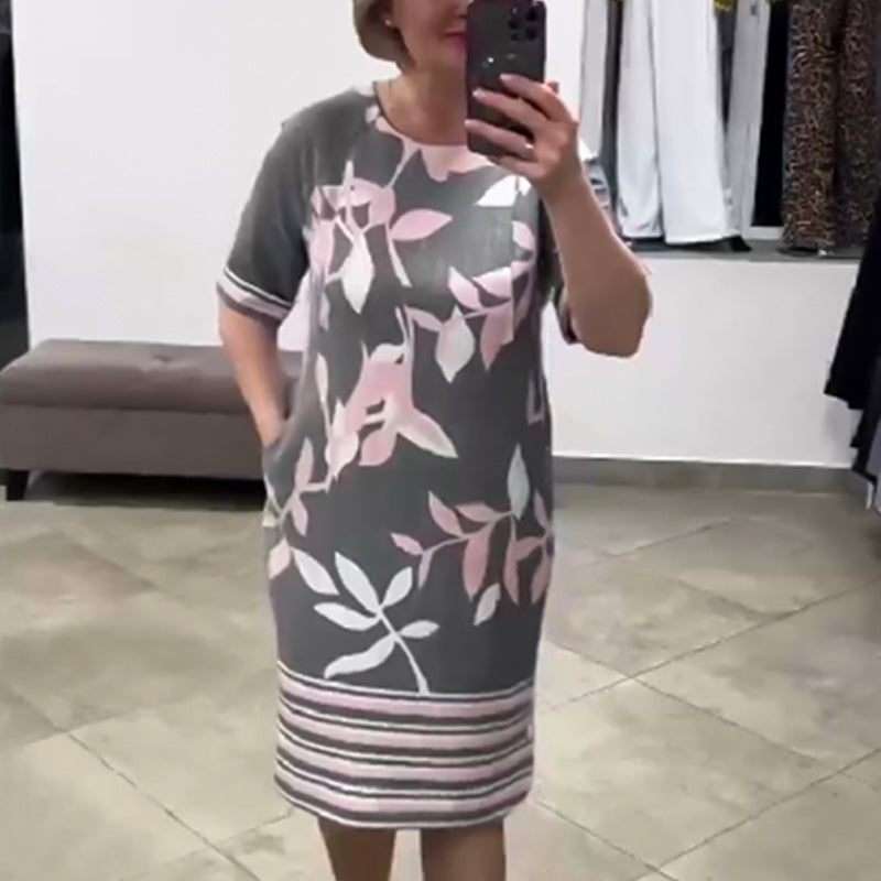 Bedrucktes Midikleid mit Rundhalsausschnitt und ellbogenlangen Ärmeln