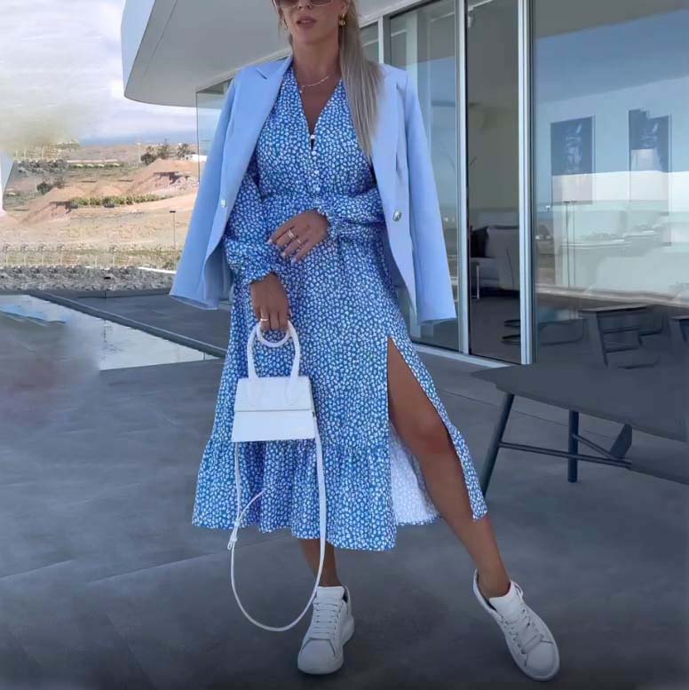 💥Zeitlich begrenzt 66 % RABATT 💕Blaues bedrucktes Langarmkleid mit V-Ausschnitt für Damen