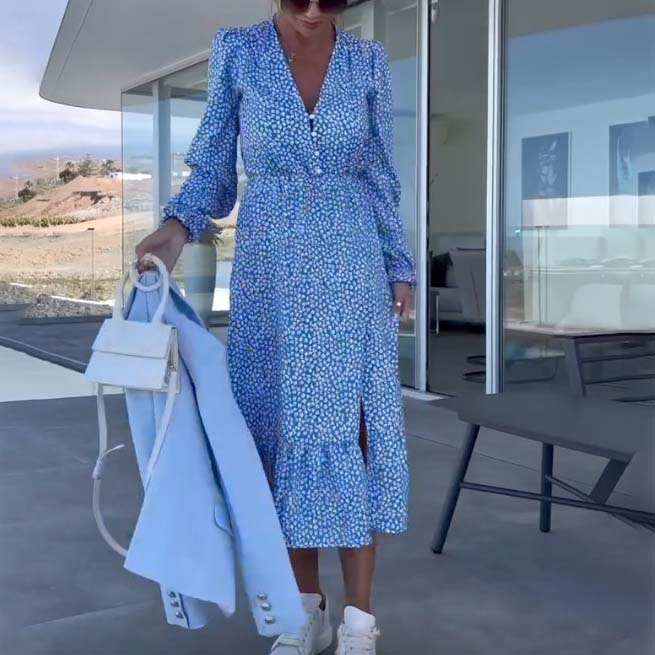 💥Zeitlich begrenzt 66 % RABATT 💕Blaues bedrucktes Langarmkleid mit V-Ausschnitt für Damen