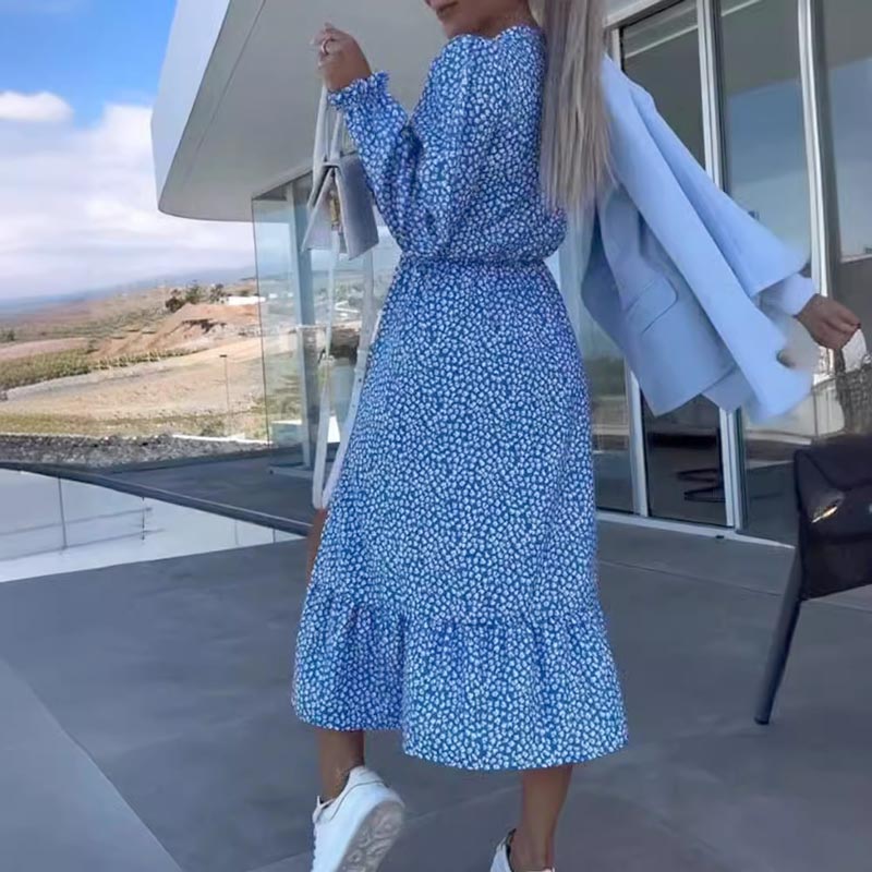 💥Zeitlich begrenzt 66 % RABATT 💕Blaues bedrucktes Langarmkleid mit V-Ausschnitt für Damen