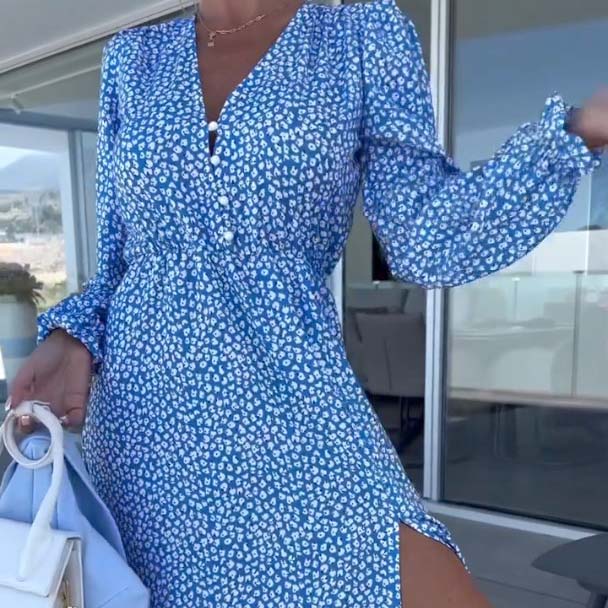 💥Zeitlich begrenzt 66 % RABATT 💕Blaues bedrucktes Langarmkleid mit V-Ausschnitt für Damen