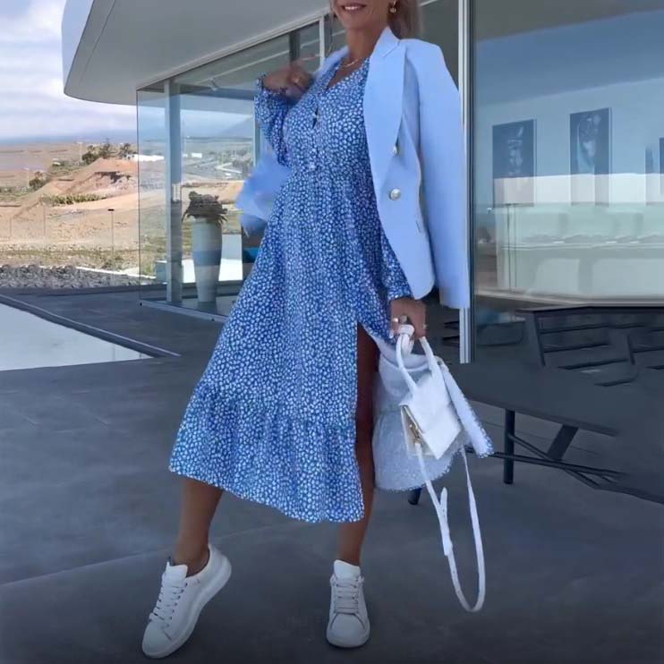 💥Zeitlich begrenzt 66 % RABATT 💕Blaues bedrucktes Langarmkleid mit V-Ausschnitt für Damen