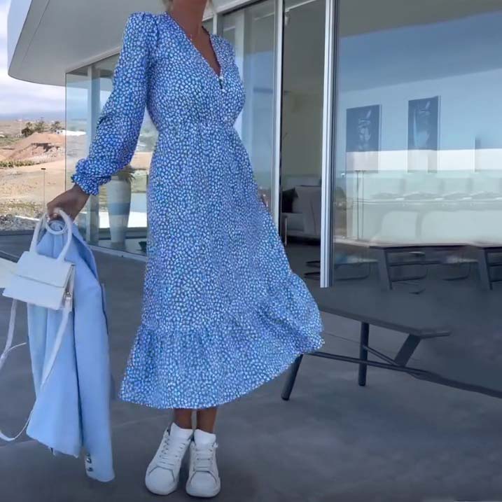 💥Zeitlich begrenzt 66 % RABATT 💕Blaues bedrucktes Langarmkleid mit V-Ausschnitt für Damen