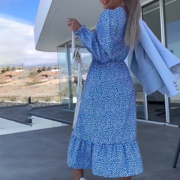 💥Zeitlich begrenzt 66 % RABATT 💕Blaues bedrucktes Langarmkleid mit V-Ausschnitt für Damen