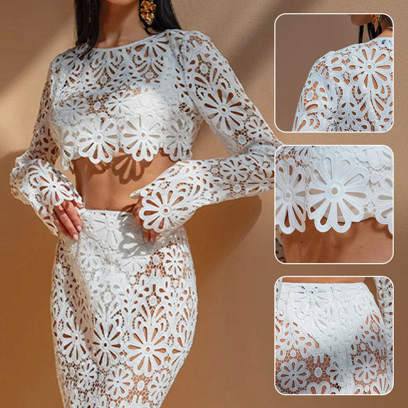 💕 Classy & Comfortable🌸Kostenloser Versand📦2-teiliges Set aus Top und Rock mit Spitzenausschnitt