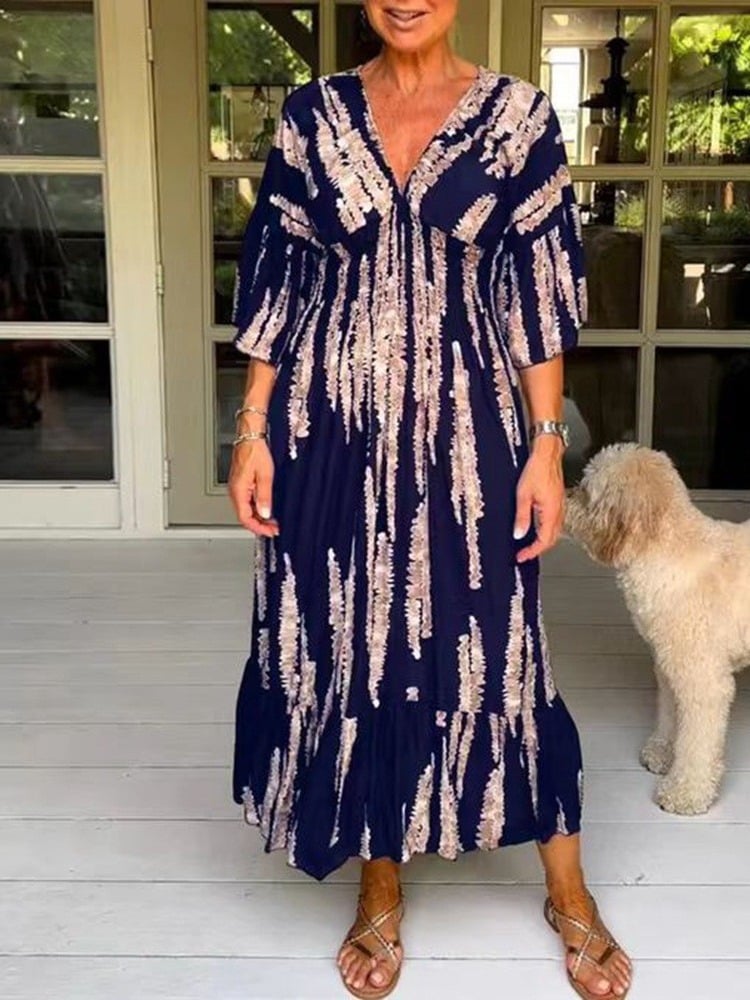 🍃Langes Wickelkleid mit lässigem Print und V-Ausschnitt an der Taille