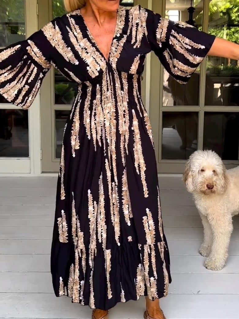 🍃Langes Wickelkleid mit lässigem Print und V-Ausschnitt an der Taille