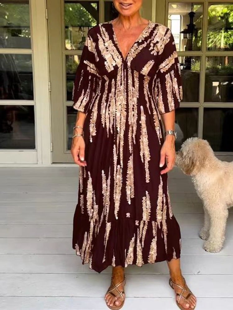 🍃Langes Wickelkleid mit lässigem Print und V-Ausschnitt an der Taille