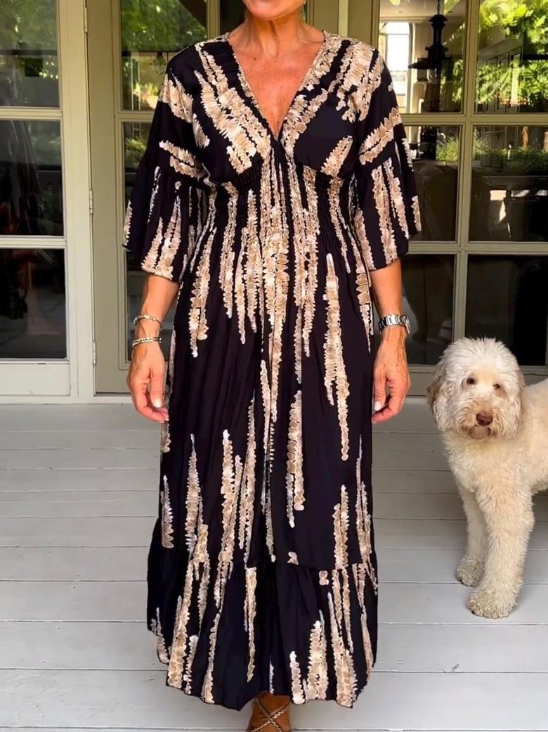 🍃Langes Wickelkleid mit lässigem Print und V-Ausschnitt an der Taille