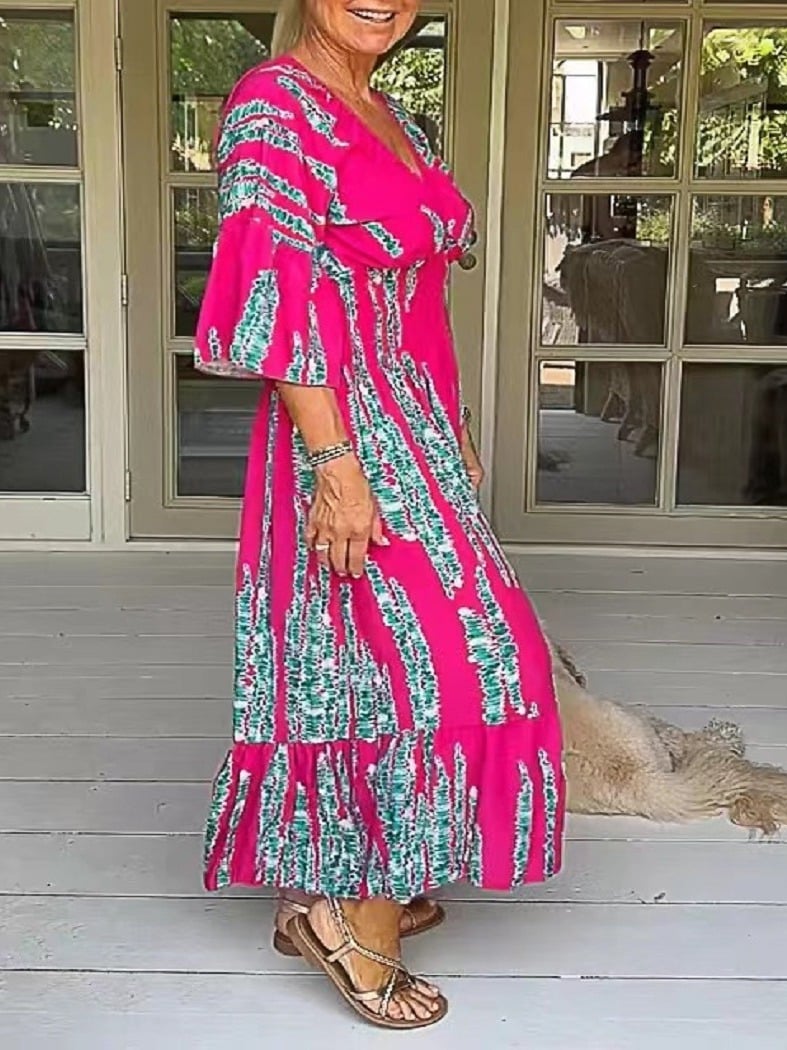 🍃Langes Wickelkleid mit lässigem Print und V-Ausschnitt an der Taille