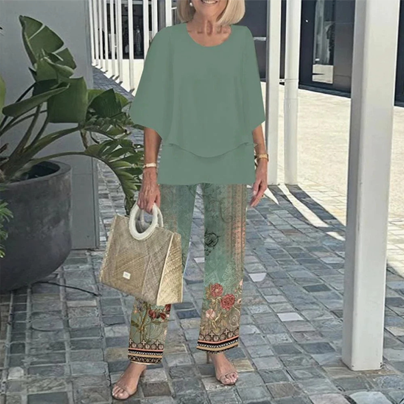 🔥HOT SALE - 50% RABATT💃Damen-Print-Hose mit Rundhals-Top-Set
