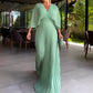 💃 Einfarbiges Maxikleid mit V-Ausschnitt und halben Rüschenärmeln💚😍