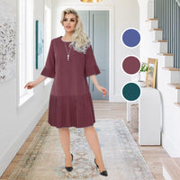 🌸Solides Damen-Rundhals-Kleid mit halben Ärmeln und Plissee