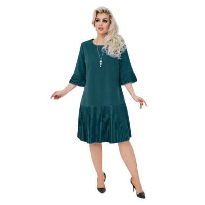 🌸Solides Damen-Rundhals-Kleid mit halben Ärmeln und Plissee