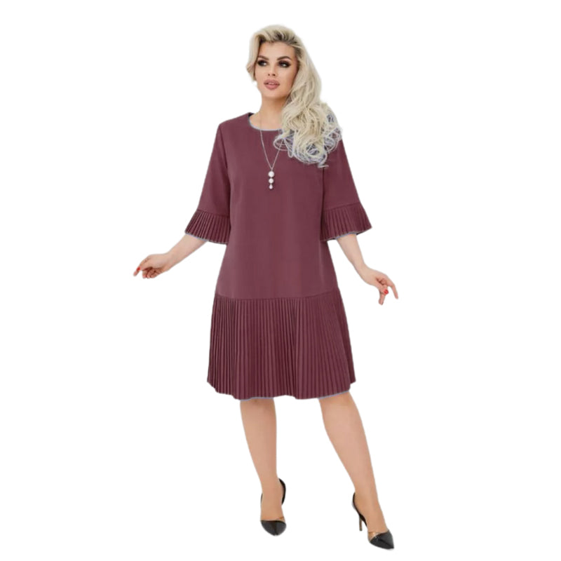 🌸Solides Damen-Rundhals-Kleid mit halben Ärmeln und Plissee