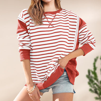 Stylish Round Neck Striped Colorblocking Tops