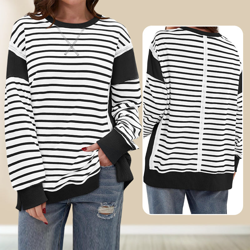 Stylish Round Neck Striped Colorblocking Tops