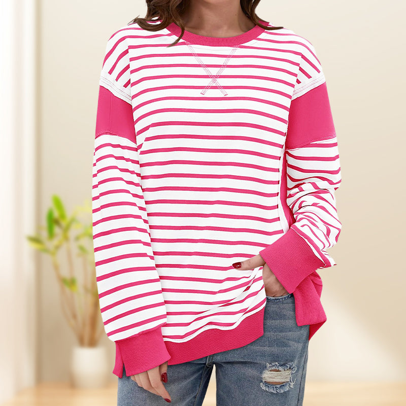 Stylish Round Neck Striped Colorblocking Tops