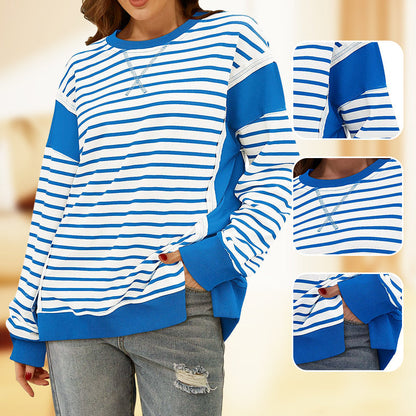 Stylish Round Neck Striped Colorblocking Tops