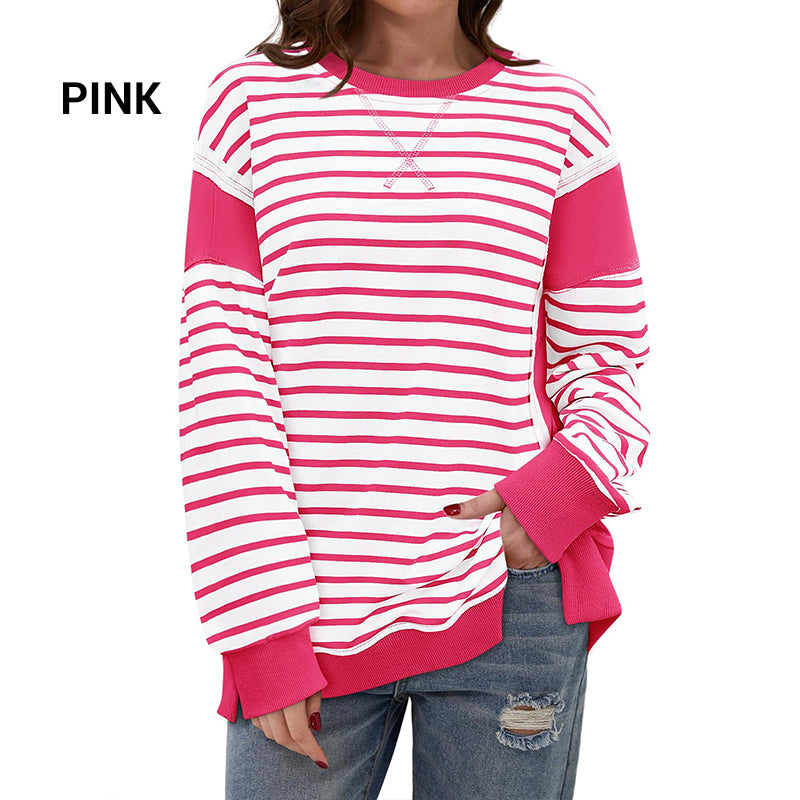 Stylish Round Neck Striped Colorblocking Tops