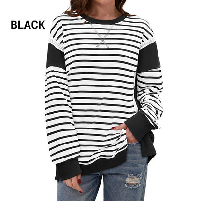 Stylish Round Neck Striped Colorblocking Tops