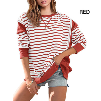 Stylish Round Neck Striped Colorblocking Tops