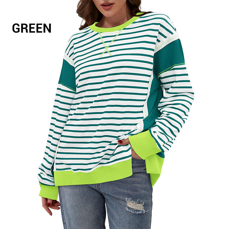 Stylish Round Neck Striped Colorblocking Tops