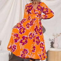 🏵️Heißer Verkauf 40% Rabatt🏵️ Langärmeliges, plissiertes Maxikleid mit V-Ausschnitt und Blumenprint