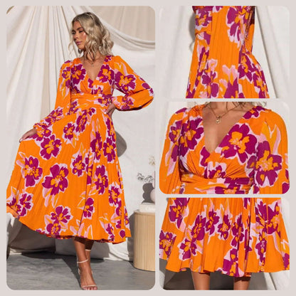 🏵️Heißer Verkauf 40% Rabatt🏵️ Langärmeliges, plissiertes Maxikleid mit V-Ausschnitt und Blumenprint