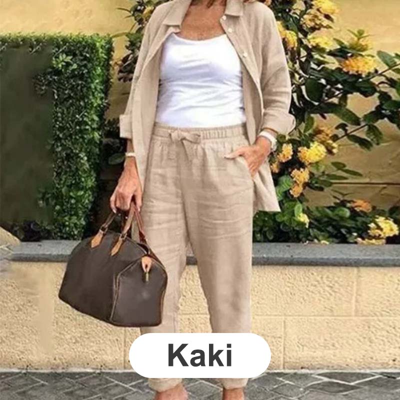 Set aus langärmliger Bluse und Hose aus Baumwollleinen für Damen🔥🔥Kostenloser Versand