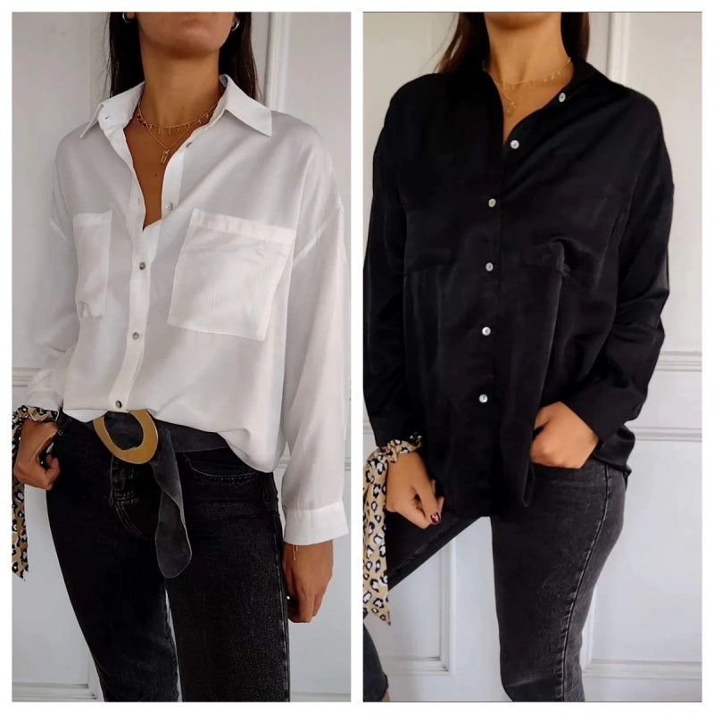 Langarm-Button-Down-Hemden mit einfarbigem Revers für Damen