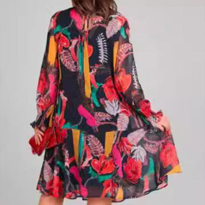 💃Langärmeliges, leichtes Kleid mit Rundhalsausschnitt und Blumenmuster