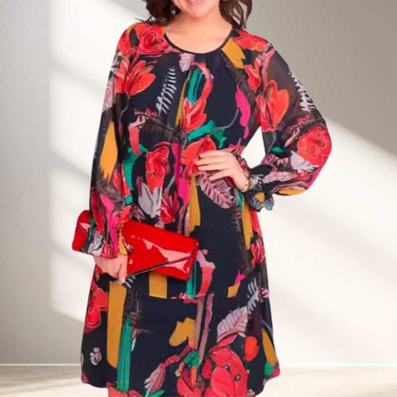 💃Langärmeliges, leichtes Kleid mit Rundhalsausschnitt und Blumenmuster
