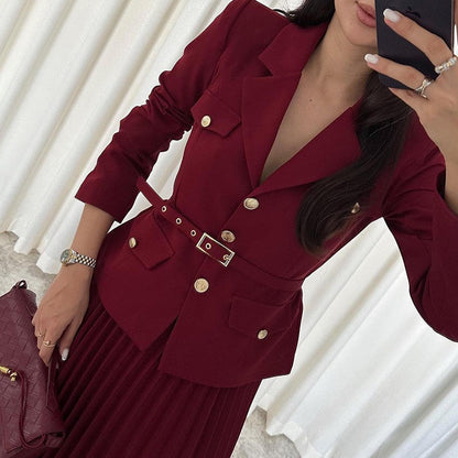 🎄✨Weihnachts-Specials 49% RABATT🎄Zweiteiliges Set aus Reversblazer und Faltenrock für Damen 👗(mit Gürtel)